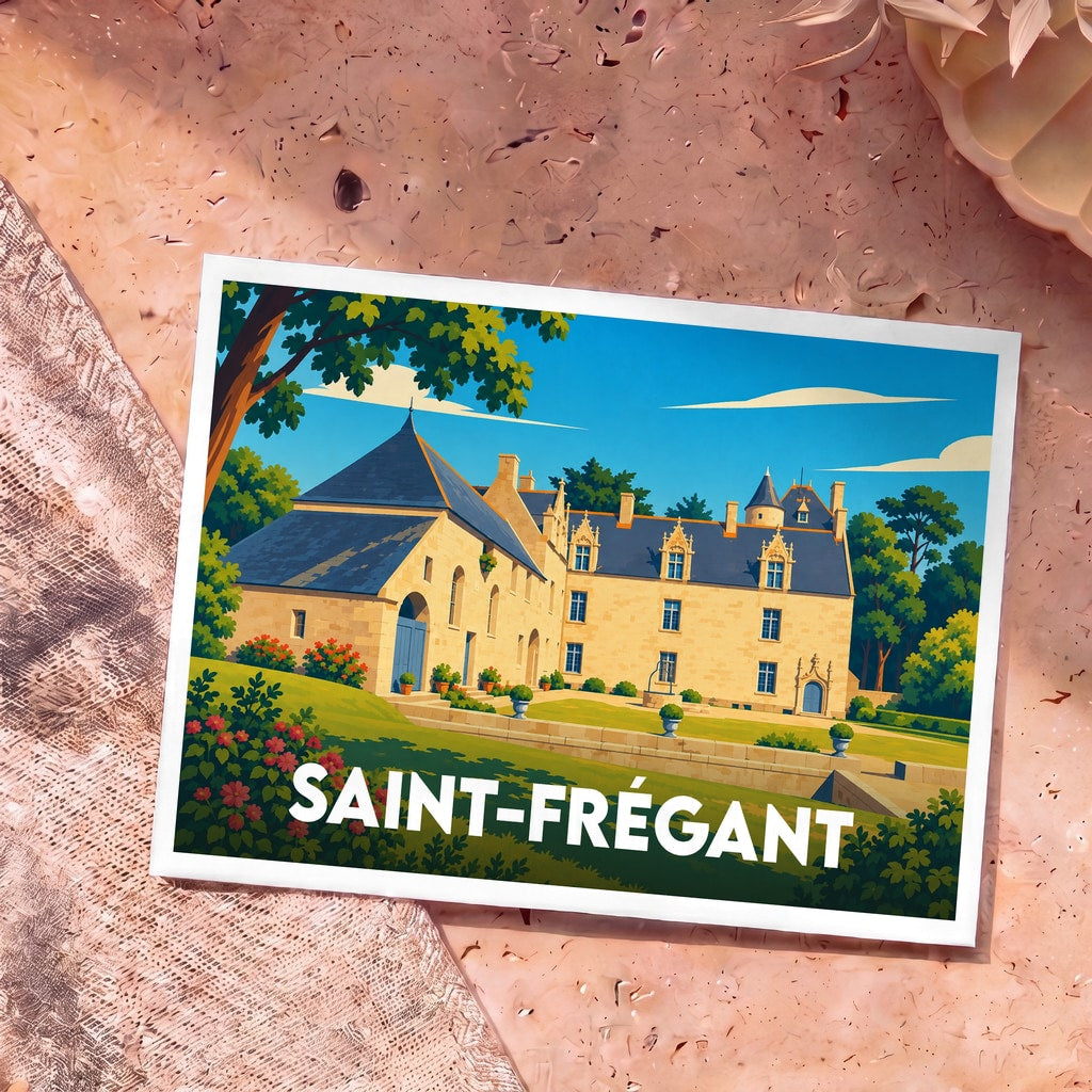 Carte postale souvenir de la ville de Saint-Frégant avec une illustration stylisée de son manoir.