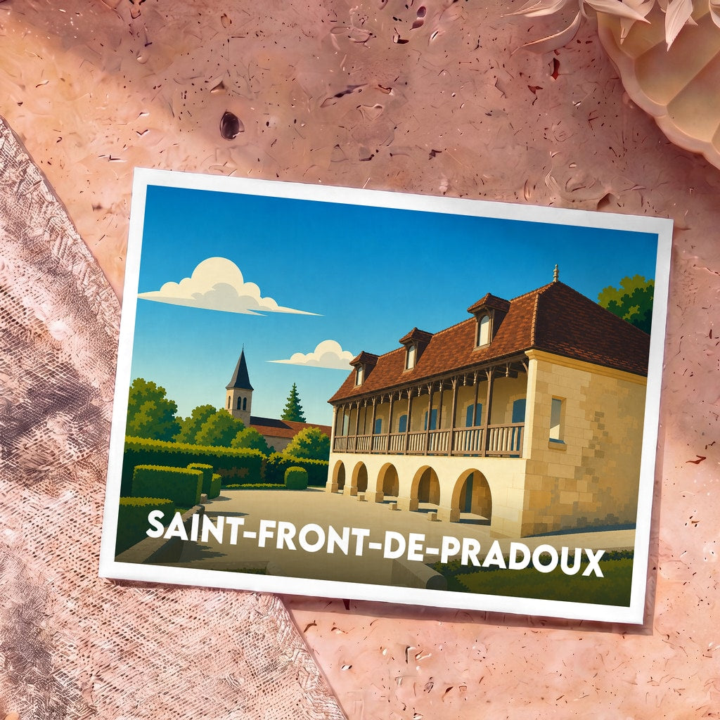 Carte postale souvenir de la ville de Saint-Front-de-Pradoux avec une illustration stylisée de ses monuments historiques.