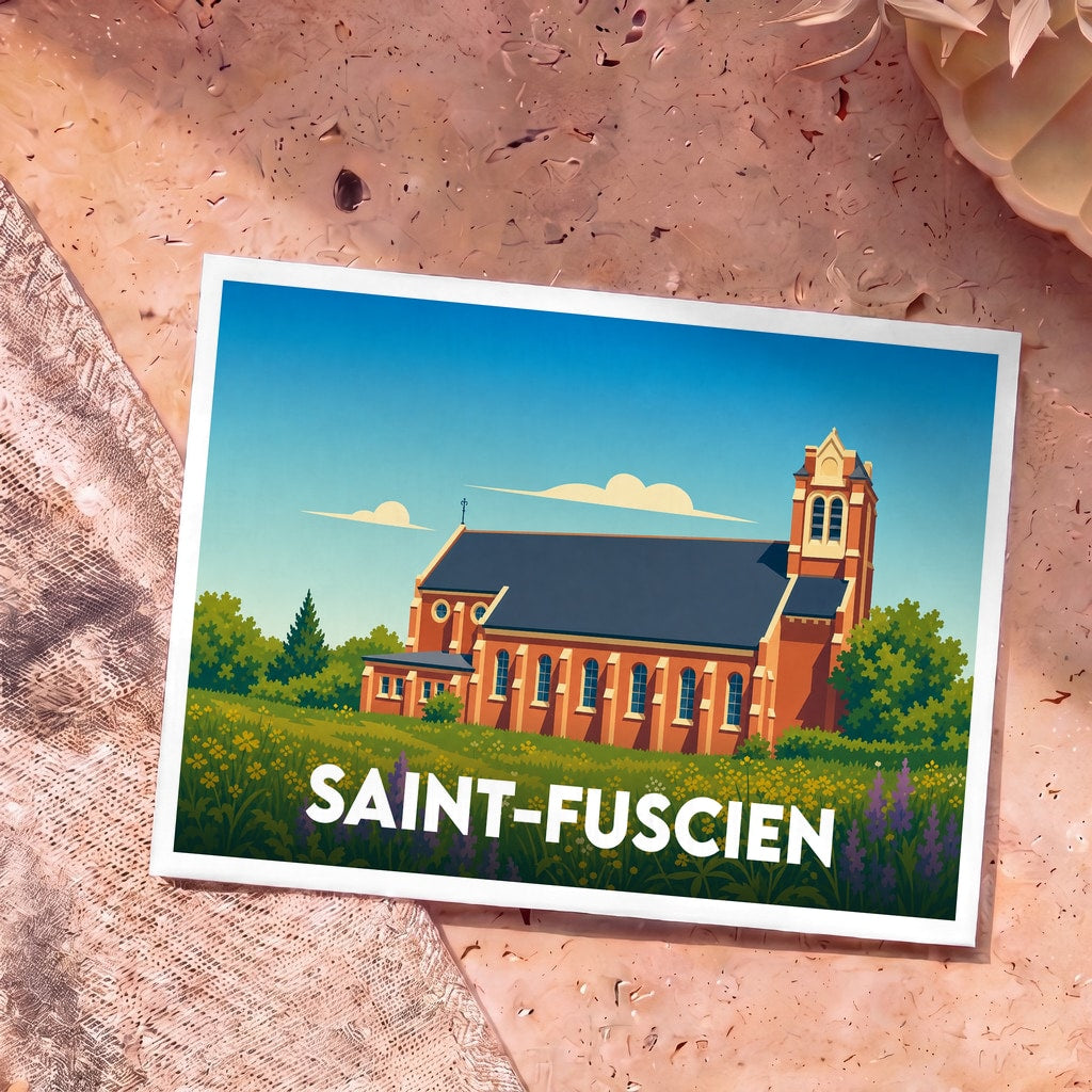 Carte postale souvenir de la ville de Saint-Fuscien avec une illustration stylisée de son église.