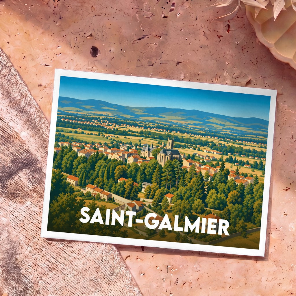 Carte postale souvenir de la ville de Saint-Galmier avec une illustration stylisée de son paysage urbain et verdoyant.