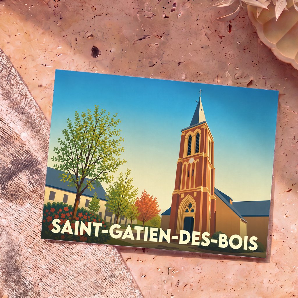 Carte postale souvenir de la ville de Saint-Gatien-des-Bois avec une illustration stylisée de son église et de sa végétation.