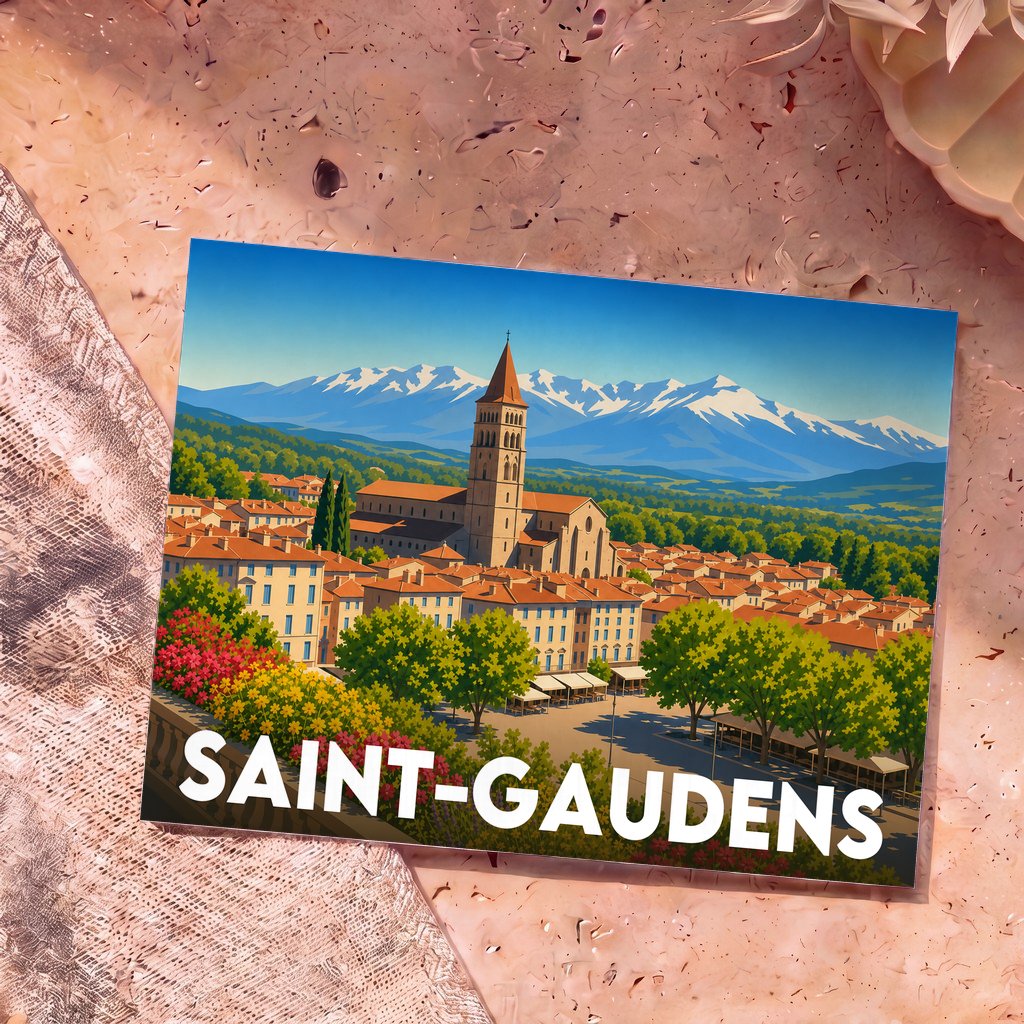 Carte postale souvenir de la ville de Saint-Gaudens avec une illustration stylisée montrant la collégiale et les Pyrénées en arrière-plan.