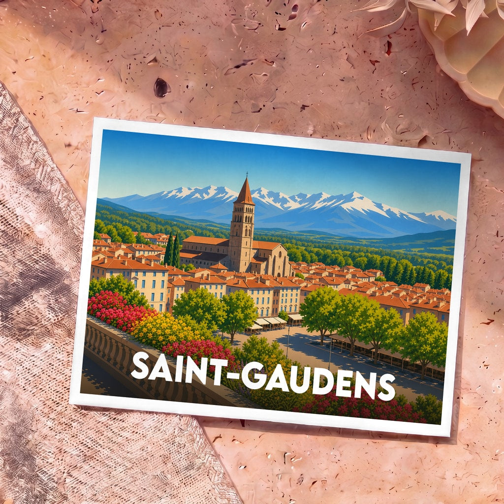 Carte postale souvenir de la ville de Saint-Gaudens avec une illustration stylisée montrant la collégiale et les Pyrénées en arrière-plan.