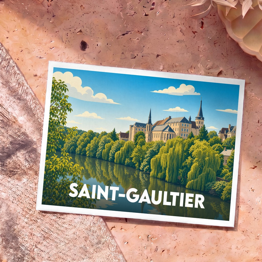 Carte postale souvenir de la ville de Saint-Gaultier avec une illustration stylisée d'un château en bord de rivière.