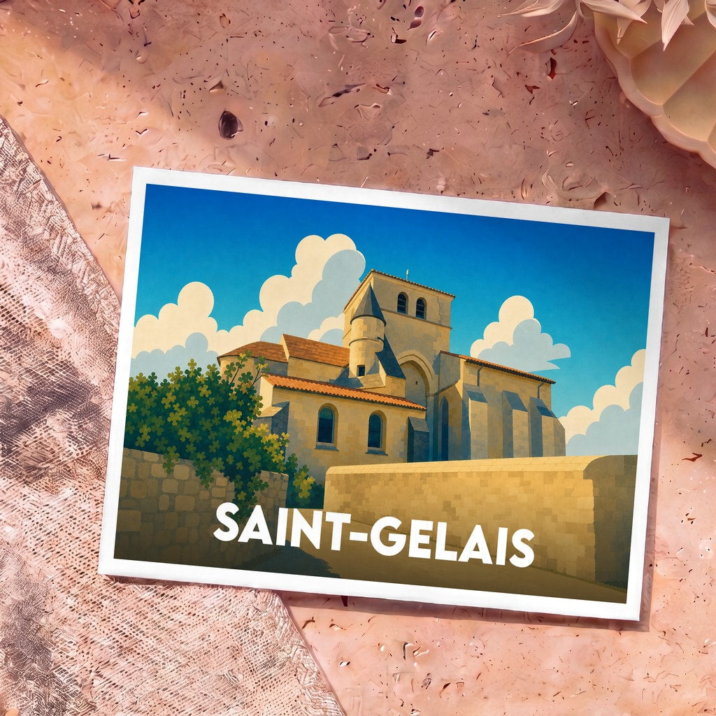 Carte postale souvenir de la ville de Saint-Gelais avec une illustration stylisée de son église romane sous un ciel bleu.