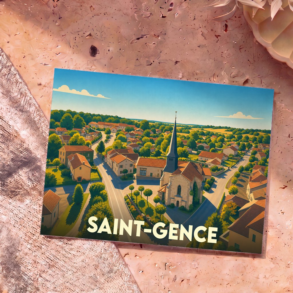 Carte postale souvenir de la ville de Saint-Gence illustrant son église et son village avec un style graphique coloré.