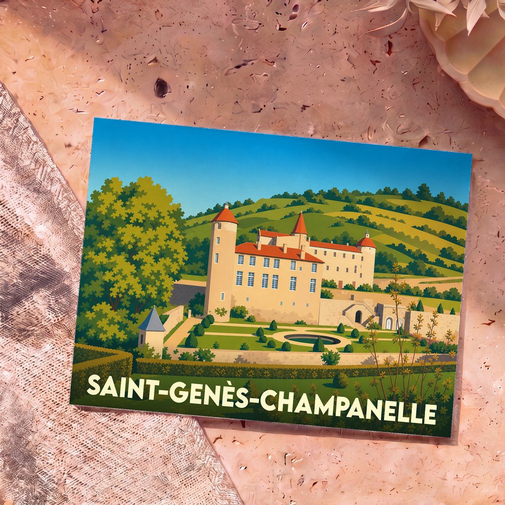 Carte postale souvenir de Saint-Genès-Champanelle illustrant son château et ses jardins dans un style graphique épuré.