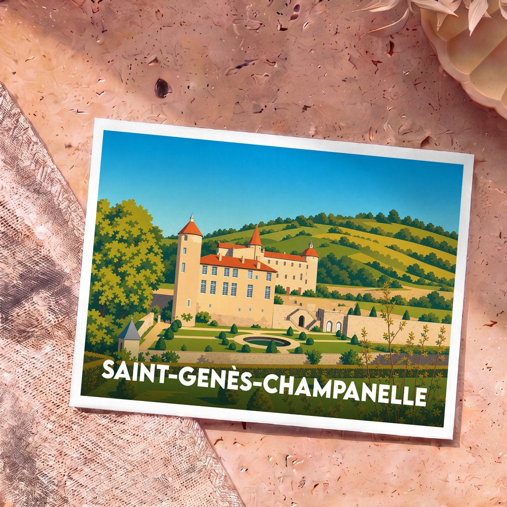Carte postale souvenir de Saint-Genès-Champanelle illustrant son château et ses jardins dans un style graphique épuré.