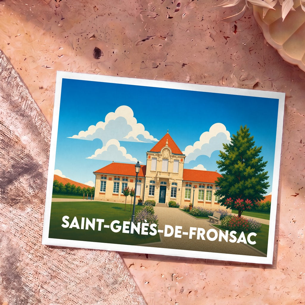 Carte postale souvenir de Saint-Genès-de-Fronsac illustrant la mairie avec un style graphique coloré.