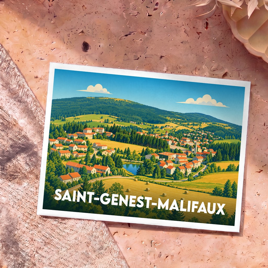 Carte postale souvenir de la ville de Saint-Genest-Malifaux avec une illustration stylisée d'un paysage de campagne vallonné.