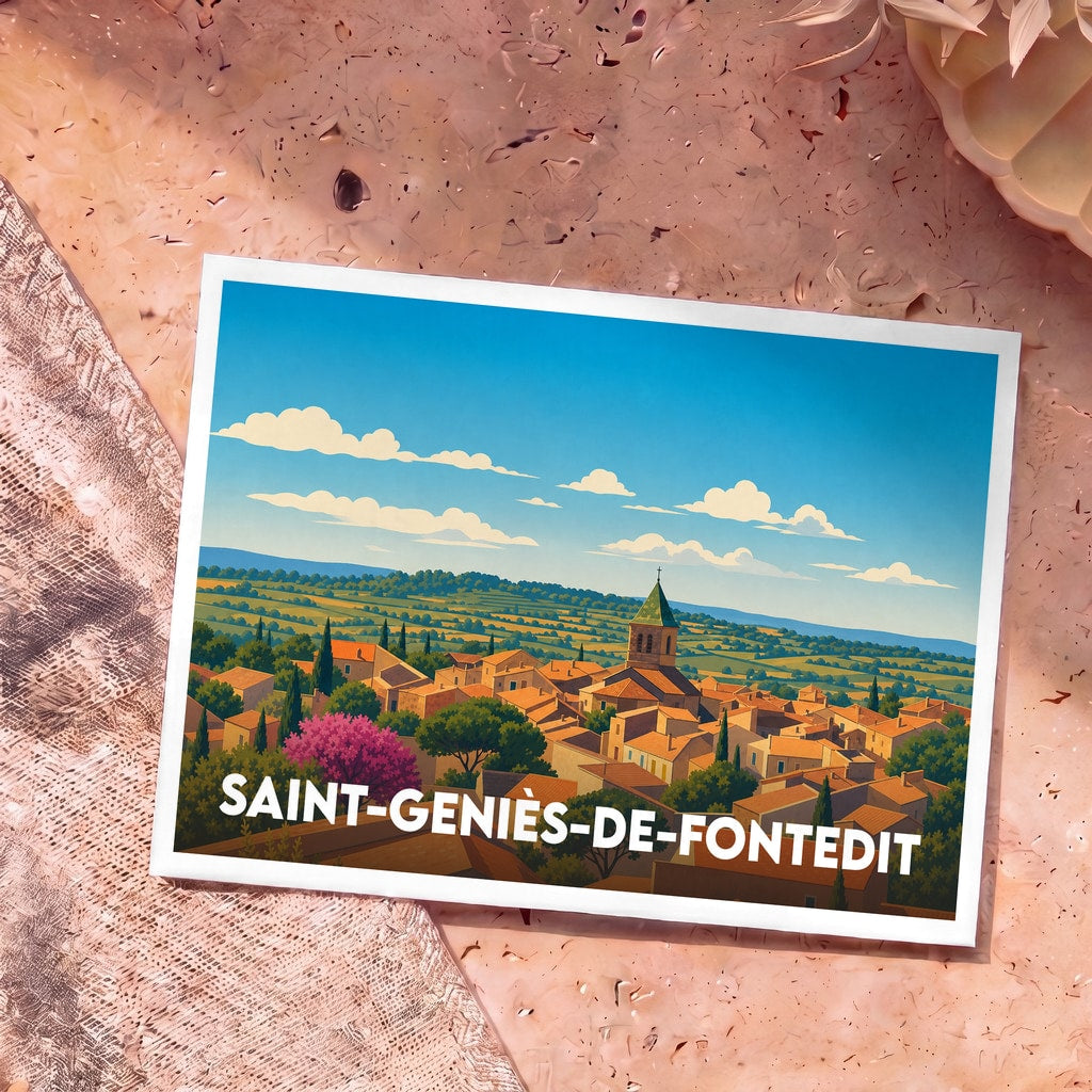 Carte postale souvenir de la ville de Saint-Geniès-de-Fontedit avec une illustration panoramique stylisée.