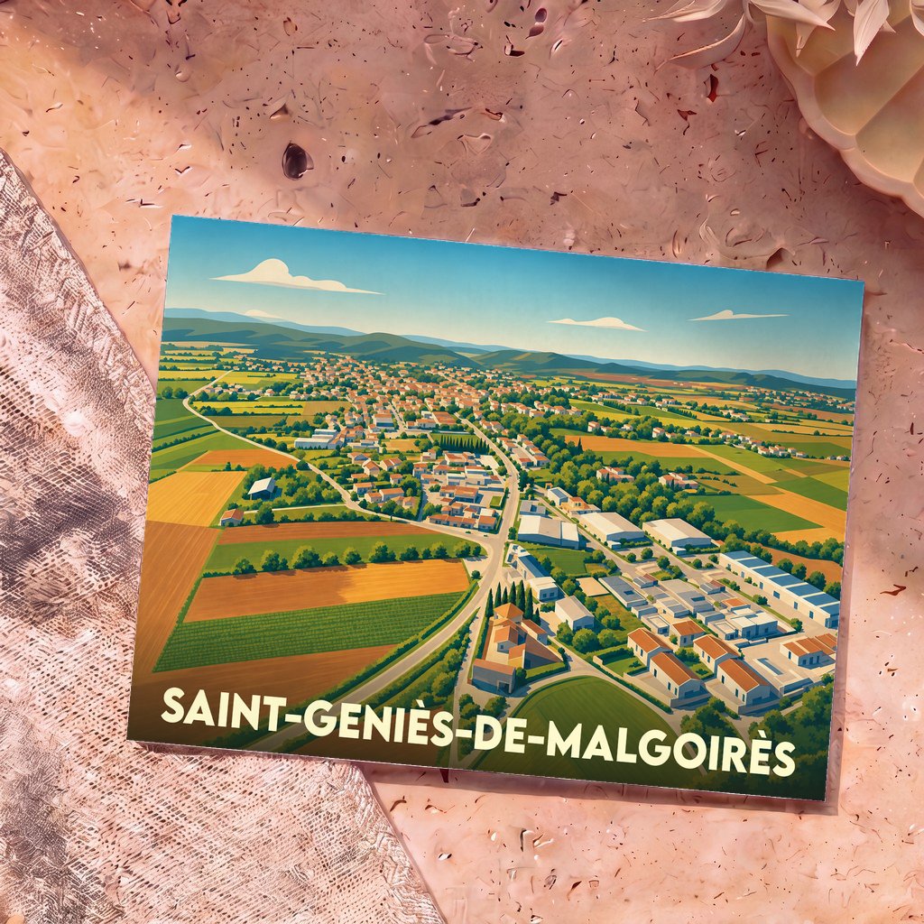 Carte postale souvenir de la ville de Saint-Geniès-de-Malgoirès avec une vue aérienne illustrée de façon stylisée.
