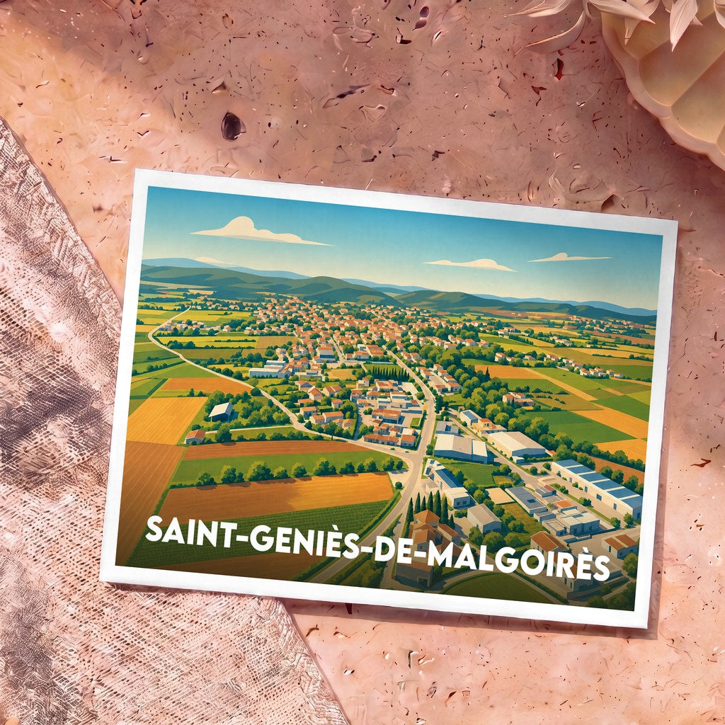 Carte postale souvenir de la ville de Saint-Geniès-de-Malgoirès avec une vue aérienne illustrée de façon stylisée.