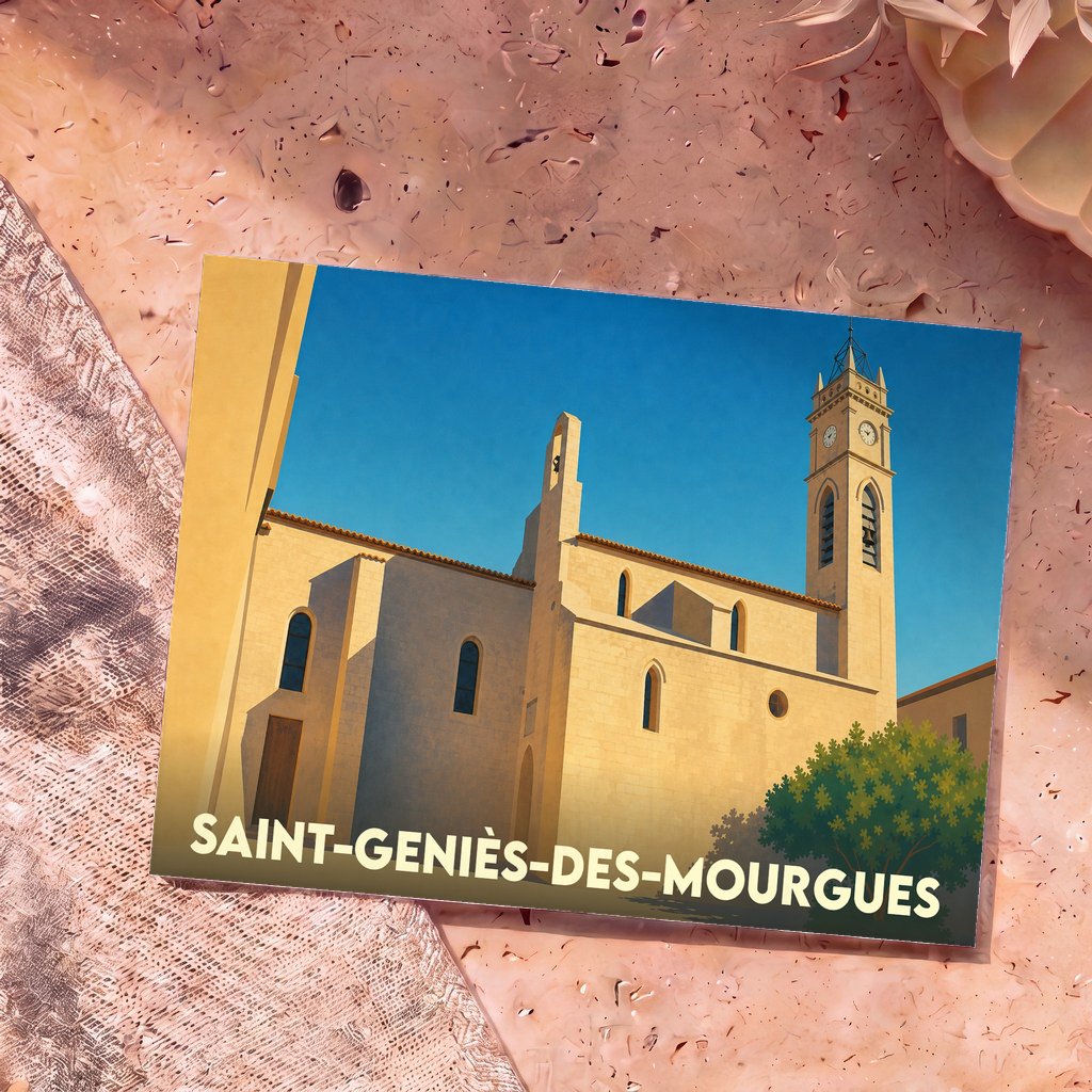 Carte postale souvenir de la ville de Saint-Geniès-des-Mourgues illustrant son église sous un ciel bleu.