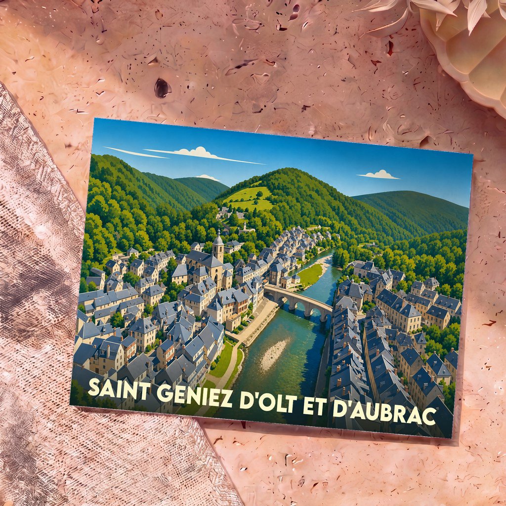 Carte postale souvenir de la ville de Saint-Geniez-d'Olt-et-d'Aubrac avec une illustration stylisée vue du ciel.