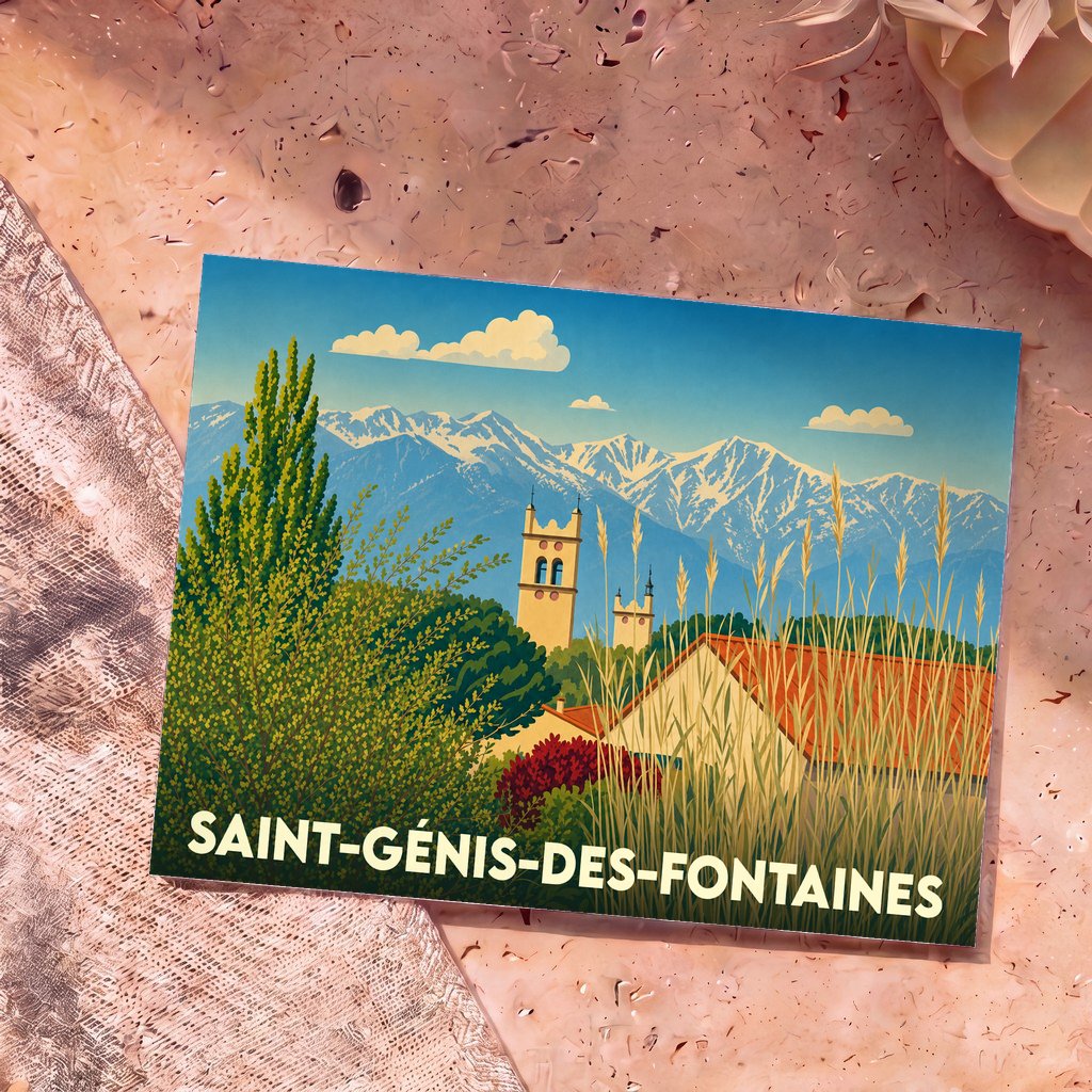 Carte postale souvenir de la ville de Saint-Génis-des-Fontaines avec une illustration stylisée des montagnes et de l'abbaye.