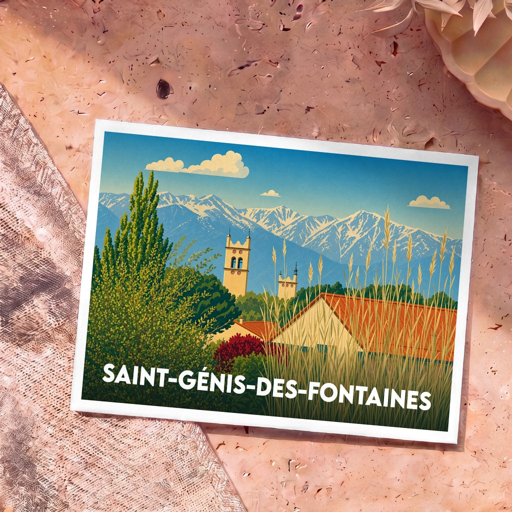 Carte postale souvenir de la ville de Saint-Génis-des-Fontaines avec une illustration stylisée des montagnes et de l'abbaye.