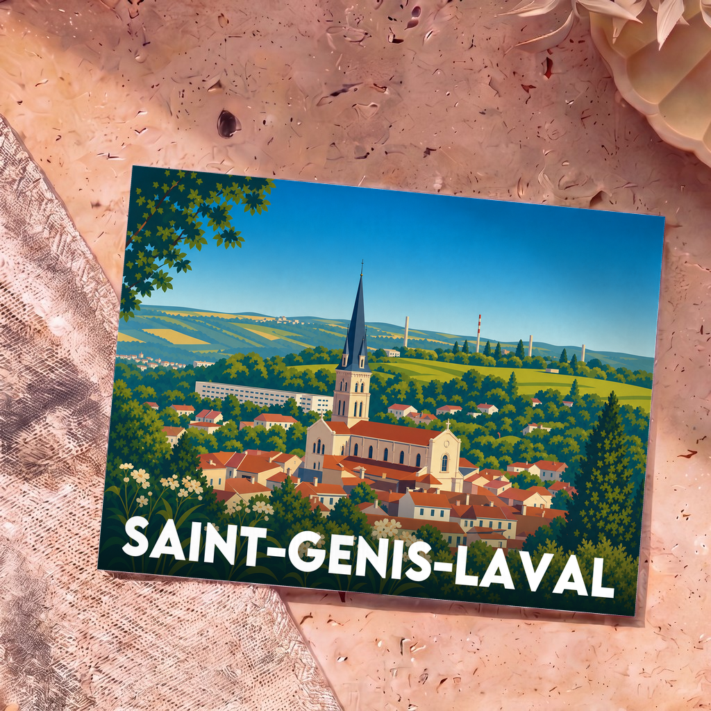 Carte postale souvenir de la ville de Saint-Genis-Laval avec une illustration stylisée de son église et de son paysage.