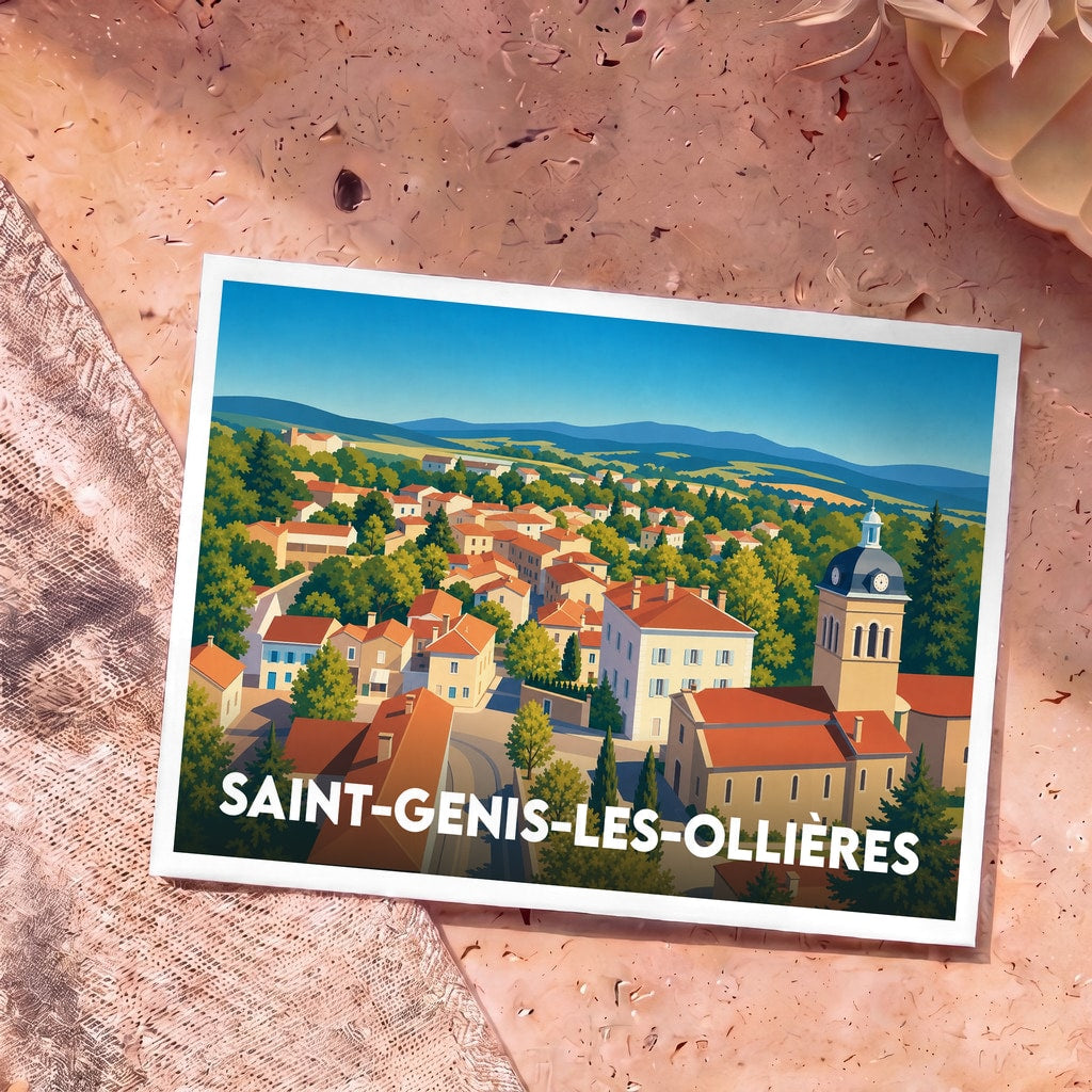 Carte postale souvenir de Saint-Genis-les-Ollières avec une illustration colorée et stylisée de la ville.