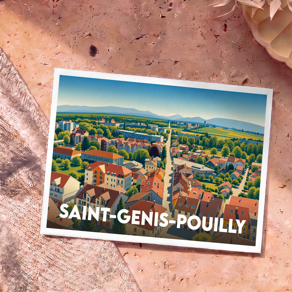 Carte postale souvenir de la ville de Saint-Genis-Pouilly avec une illustration stylisée vue du ciel.