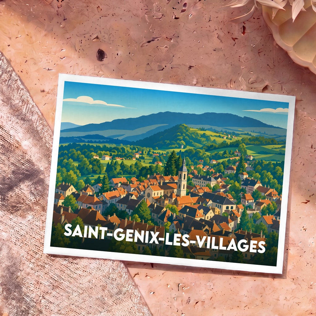 Carte postale souvenir de la ville de Saint-Genix-les-Villages avec une illustration panoramique stylisée.