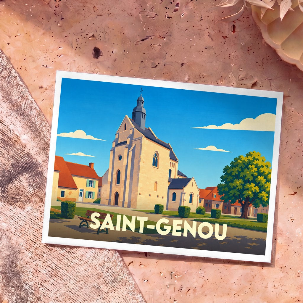 Carte postale souvenir de la ville de Saint-Genou avec une illustration stylisée de son église sous un ciel bleu.