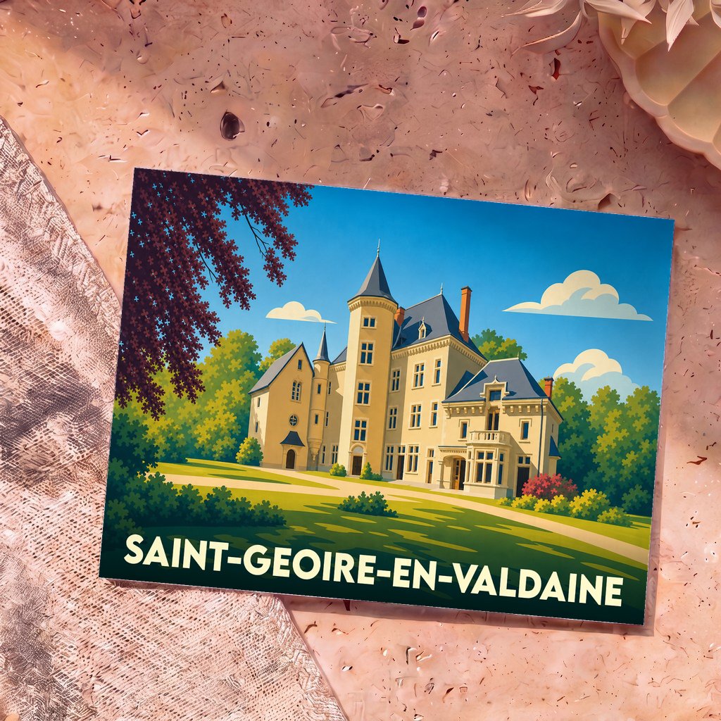 Carte postale souvenir de la ville de Saint-Geoire-en-Valdaine avec une illustration stylisée de son château.