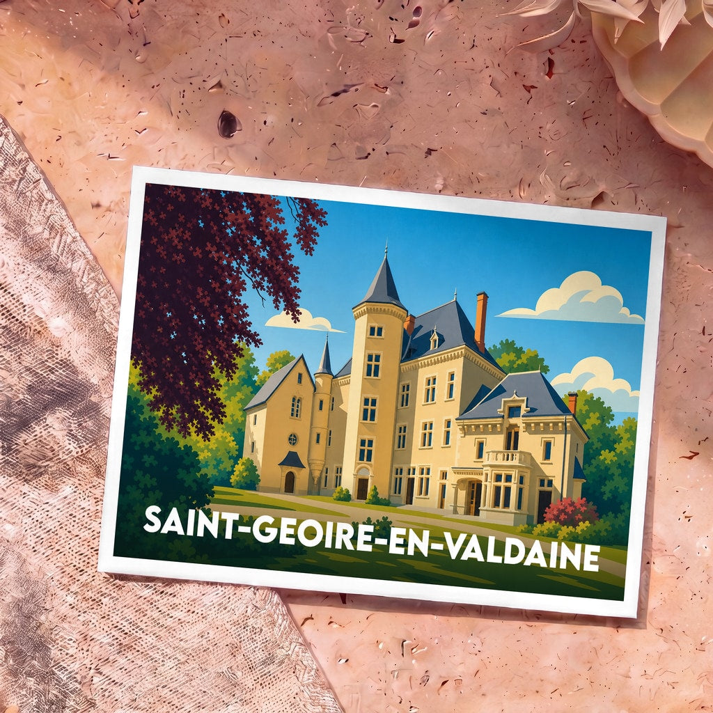Carte postale souvenir de la ville de Saint-Geoire-en-Valdaine avec une illustration stylisée de son château.
