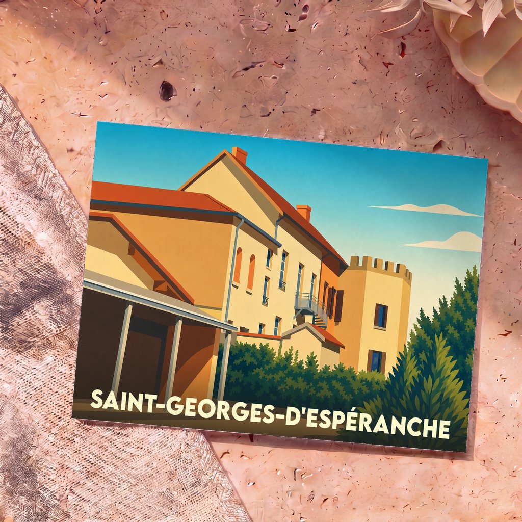 Carte postale souvenir de la ville de Saint-Georges-d'Espéranche avec une illustration stylisée de son château.