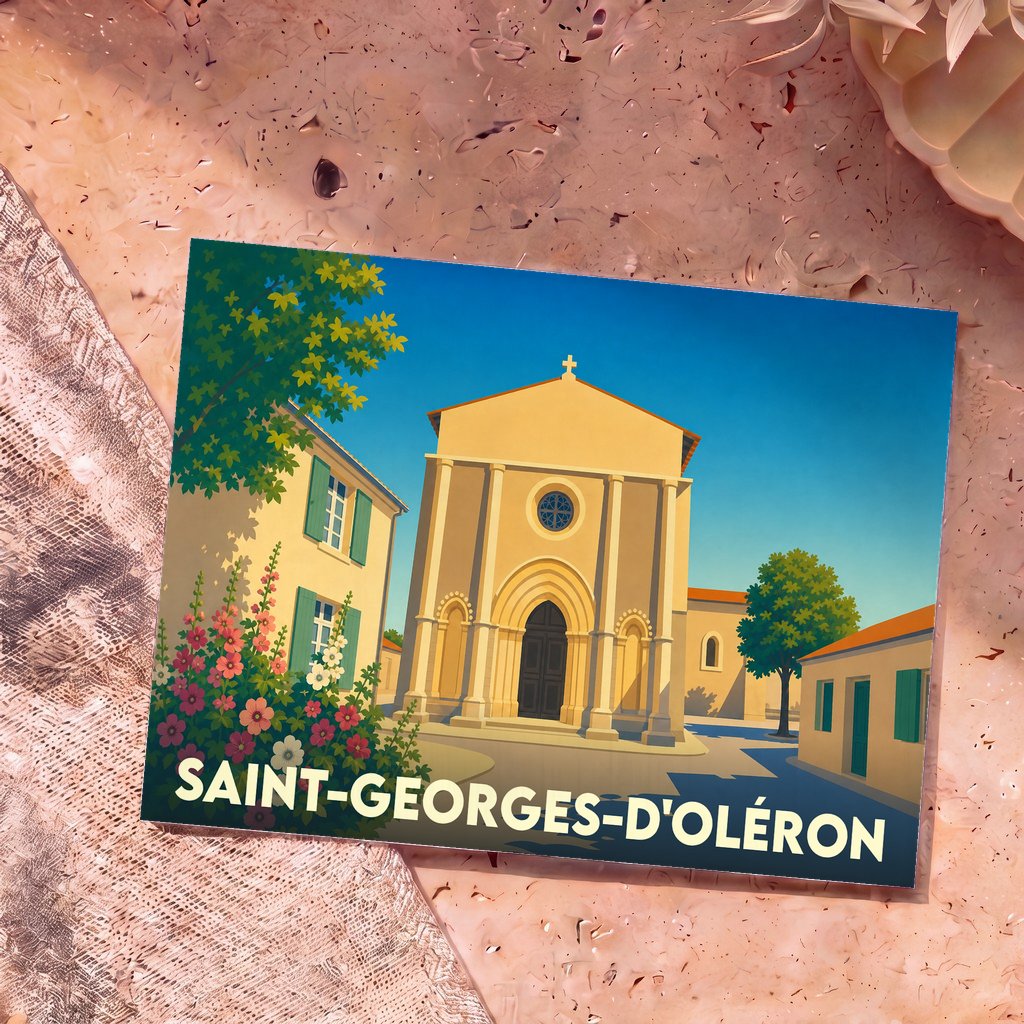 Carte postale souvenir de la ville de Saint-Georges-d'Oléron avec une illustration stylisée de son église romane.