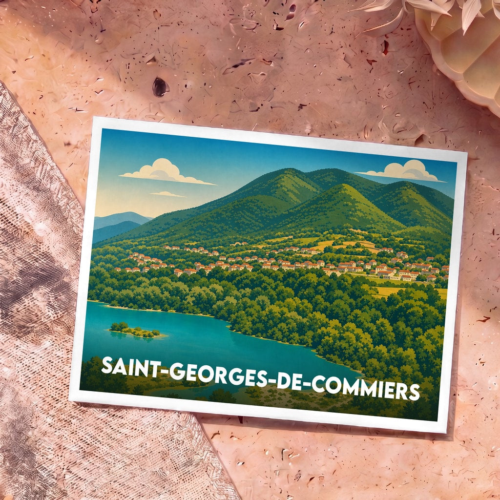 Carte postale souvenir de la ville de Saint-Georges-de-Commiers avec une illustration stylisée de son église et des montagnes environnantes.