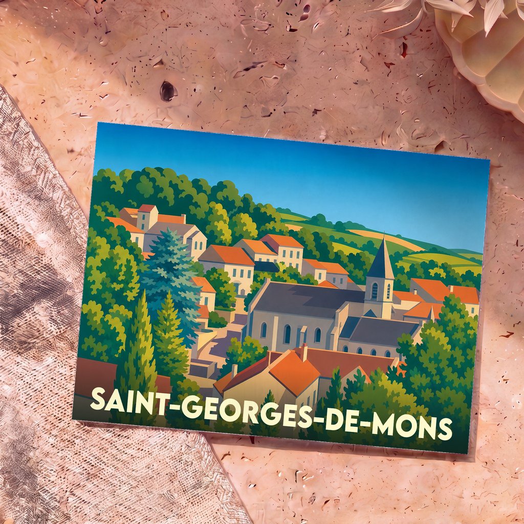 Carte postale souvenir de la ville de Saint-Georges-de-Mons avec une illustration stylisée et colorée du village.