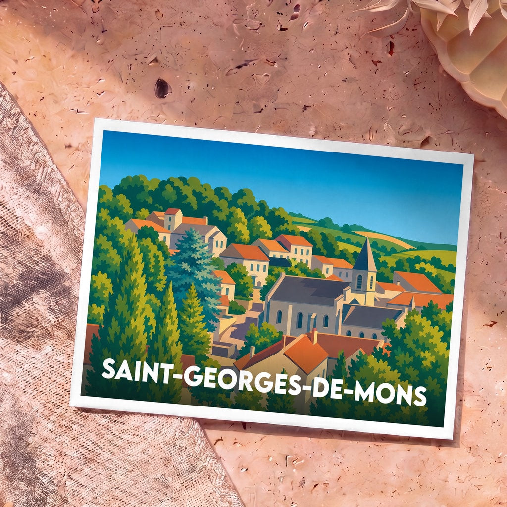 Carte postale souvenir de la ville de Saint-Georges-de-Mons avec une illustration stylisée et colorée du village.