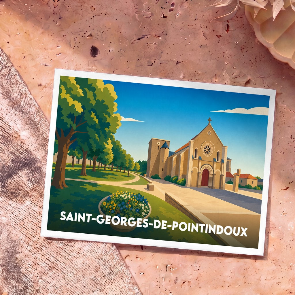 Carte postale souvenir de la ville de Saint-Georges-de-Pointindoux avec une illustration stylisée de son église et de son parc.