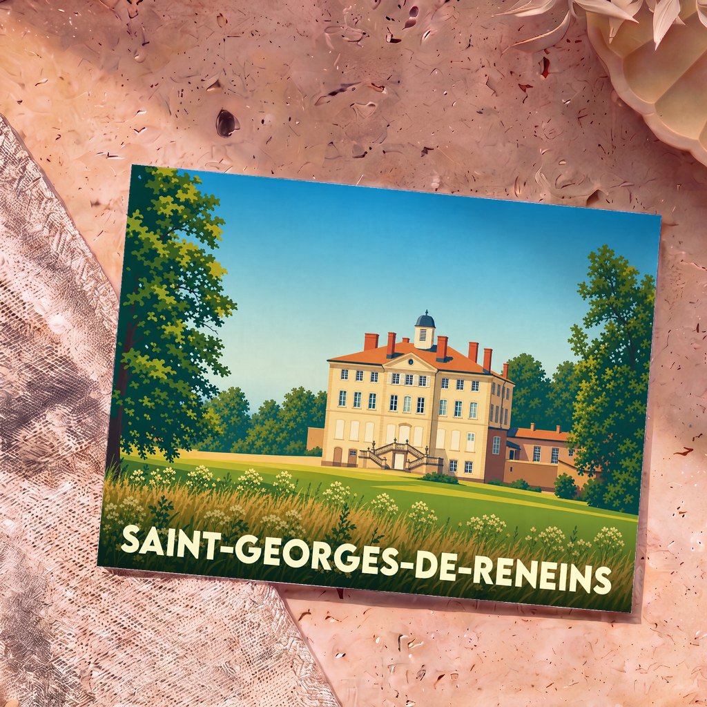Carte postale souvenir de Saint-Georges-de-Reneins illustrant une grande demeure bourgeoise entourée de verdure.
