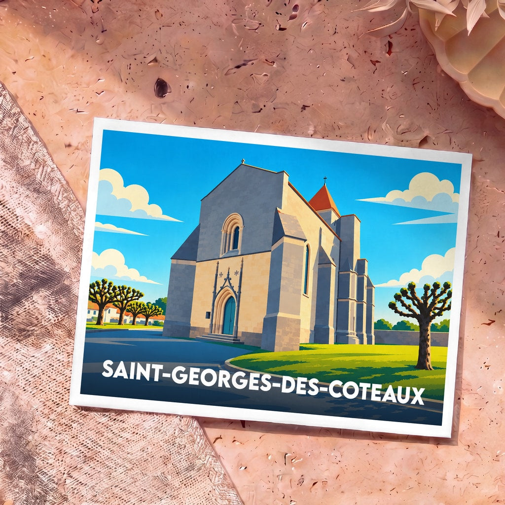 Carte postale souvenir de la ville de Saint-Georges-des-Coteaux illustrant son église dans un style graphique épuré.
