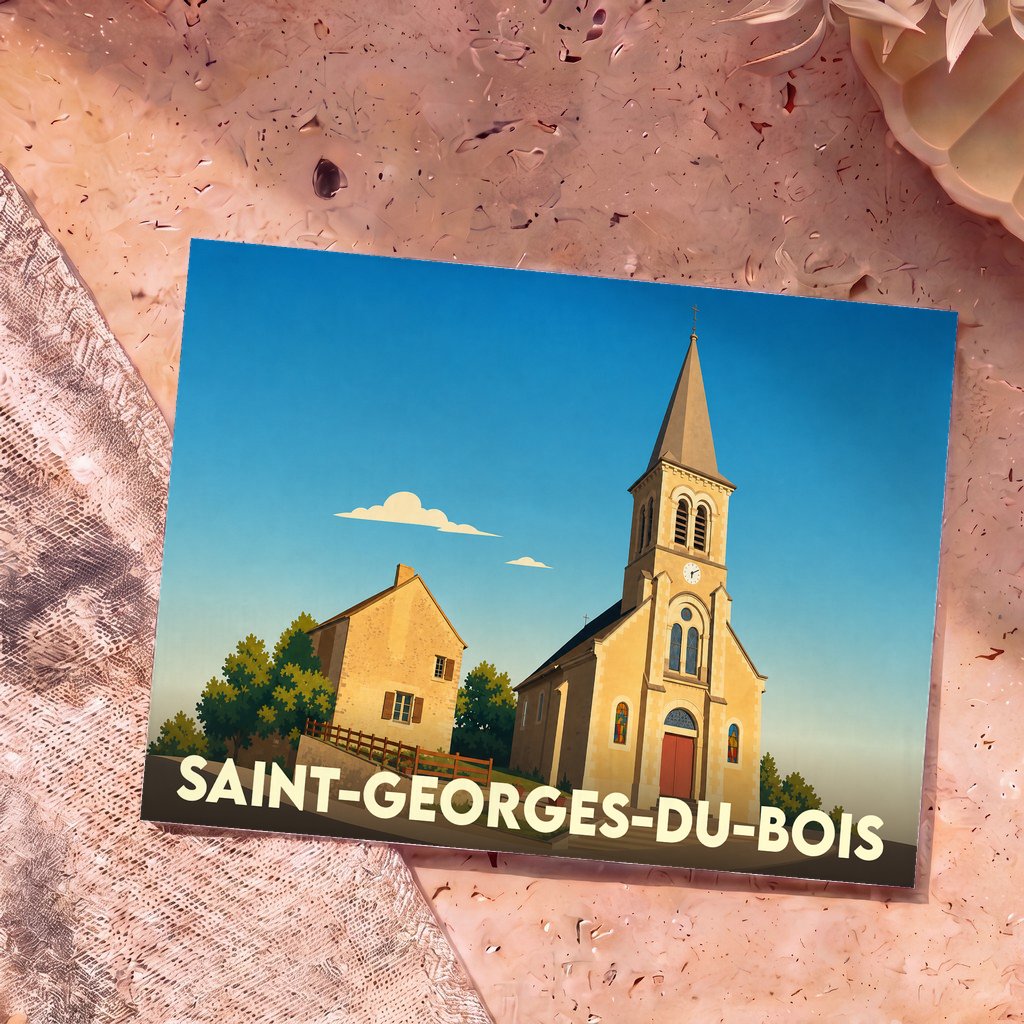 Carte postale souvenir de Saint-Georges-du-Bois représentant son église et une maison typique dans un style illustré.