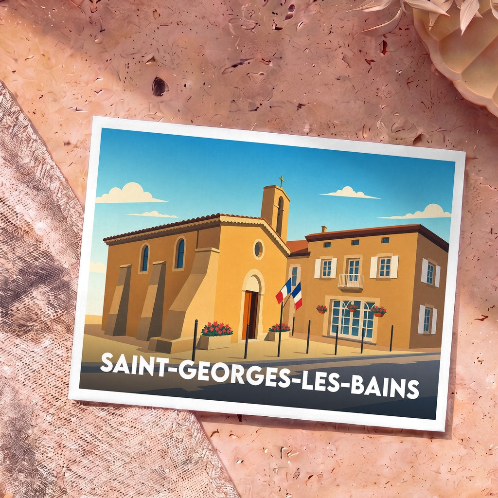Carte postale souvenir de Saint-Georges-les-Bains représentant une église et une mairie dans un style illustré.