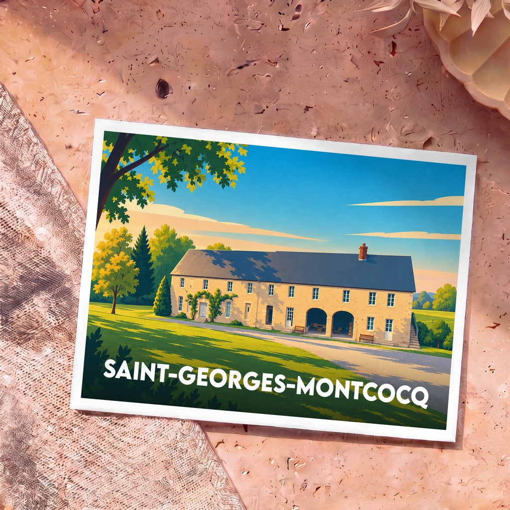 Carte postale souvenir de la ville de Saint-Georges-Montcocq avec une illustration stylisée d'une longère normande.