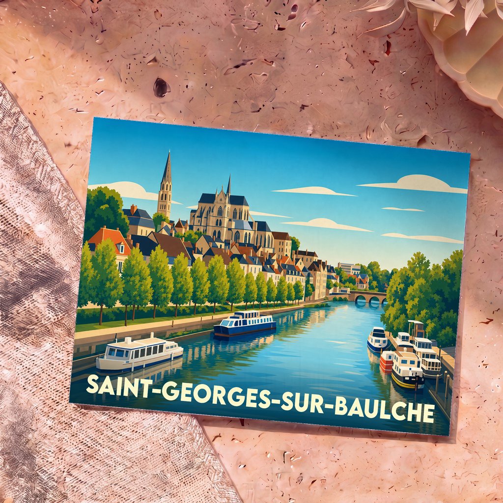 Carte postale souvenir de la ville de Saint-Georges-sur-Baulche avec une illustration stylisée des quais et de l'église.