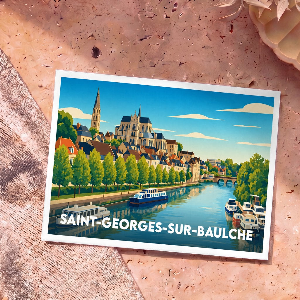 Carte postale souvenir de la ville de Saint-Georges-sur-Baulche avec une illustration stylisée des quais et de l'église.