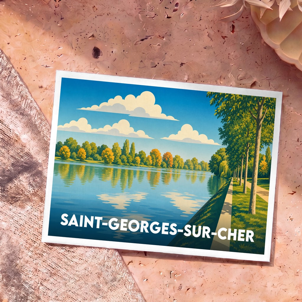 Carte postale souvenir de Saint-Georges-sur-Cher illustrant les bords du Cher dans un style épuré et coloré.
