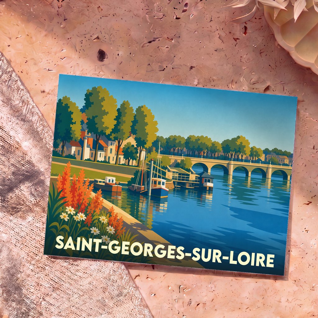 Carte postale souvenir de la ville de Saint-Georges-sur-Loire avec une illustration stylisée des bords de Loire.