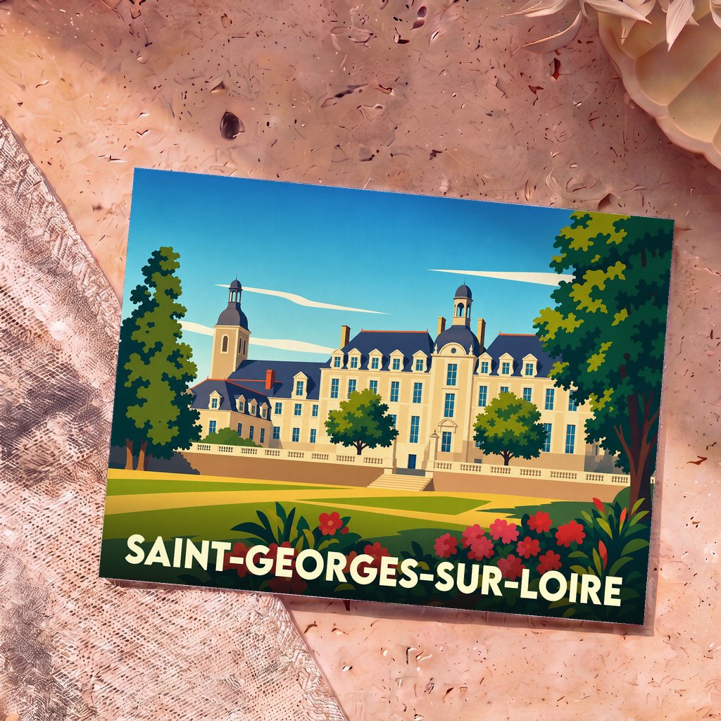 Carte postale souvenir de la ville de Saint-Georges-sur-Loire avec une illustration stylisée de son château.