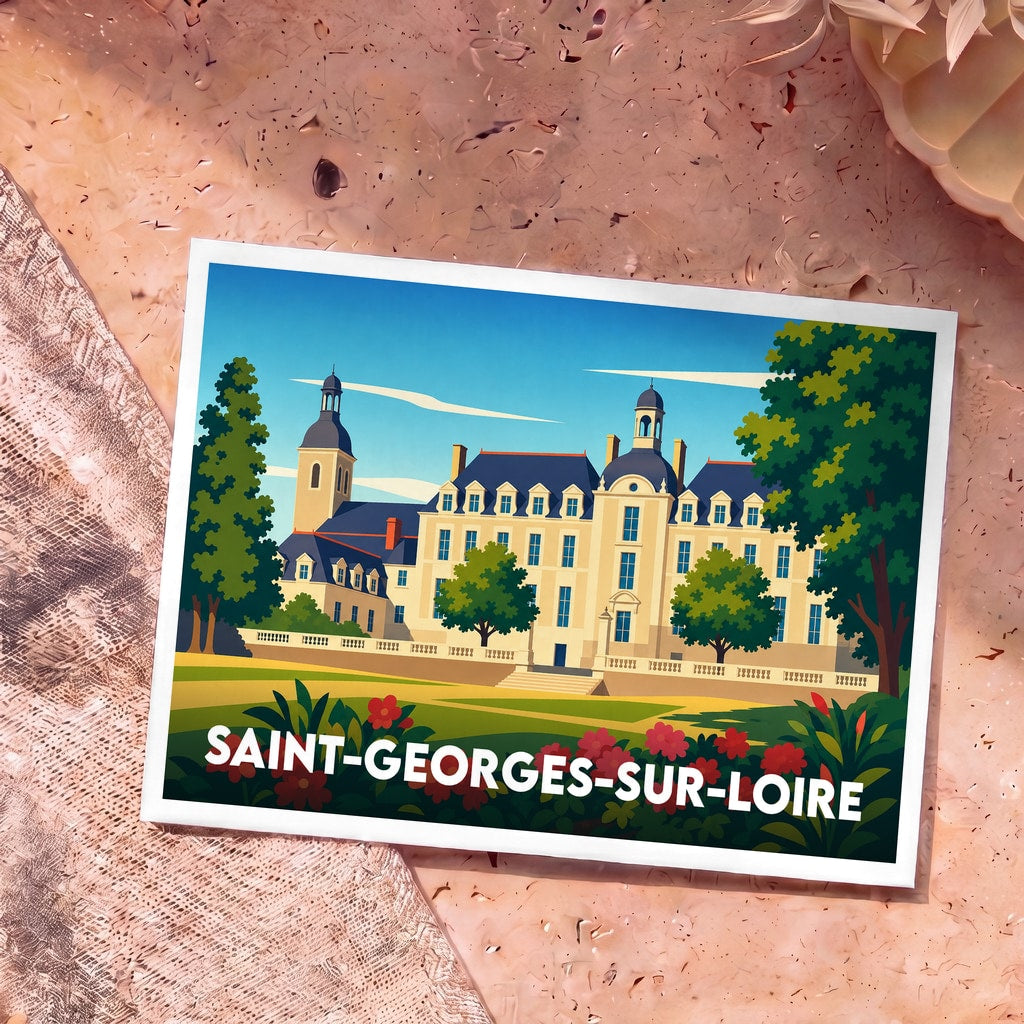 Carte postale souvenir de la ville de Saint-Georges-sur-Loire avec une illustration stylisée de son château.
