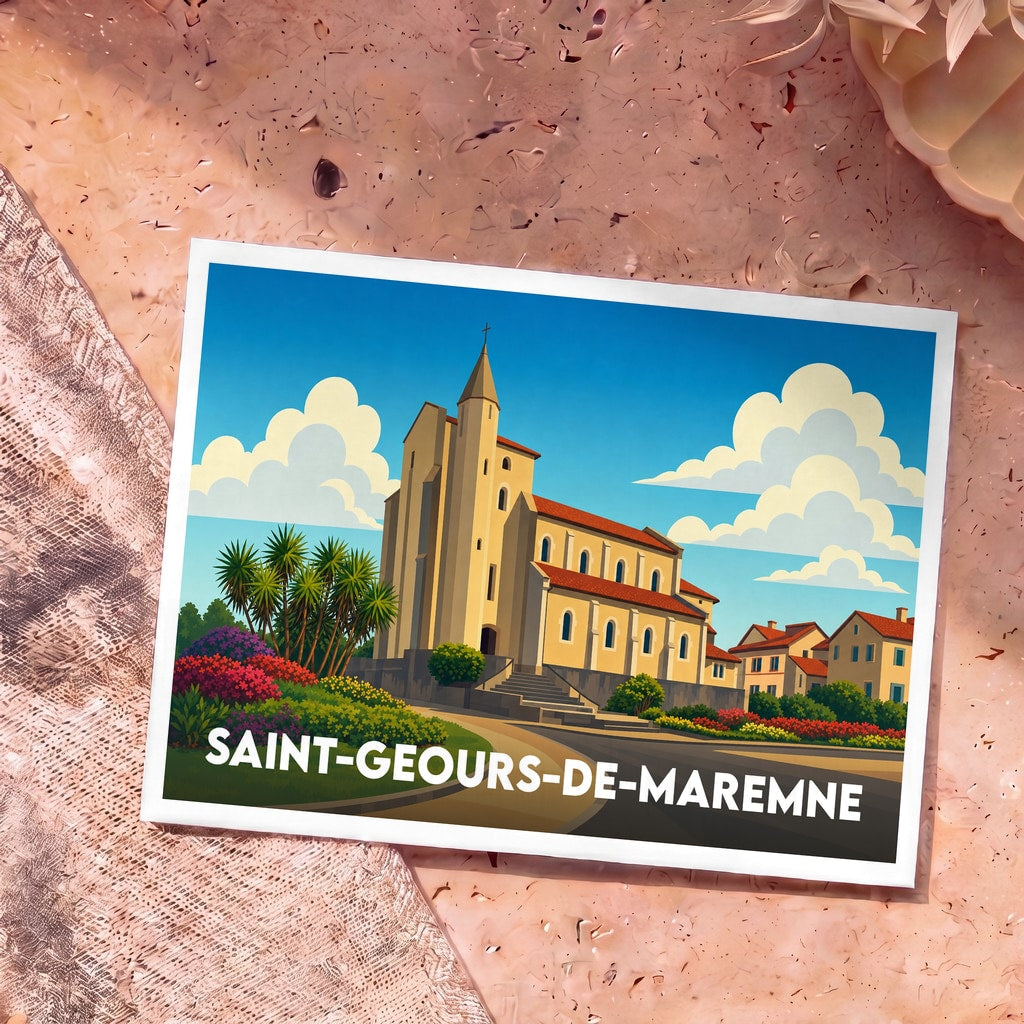 Carte postale souvenir de la ville de Saint-Geours-de-Maremne avec une illustration stylisée de son église.