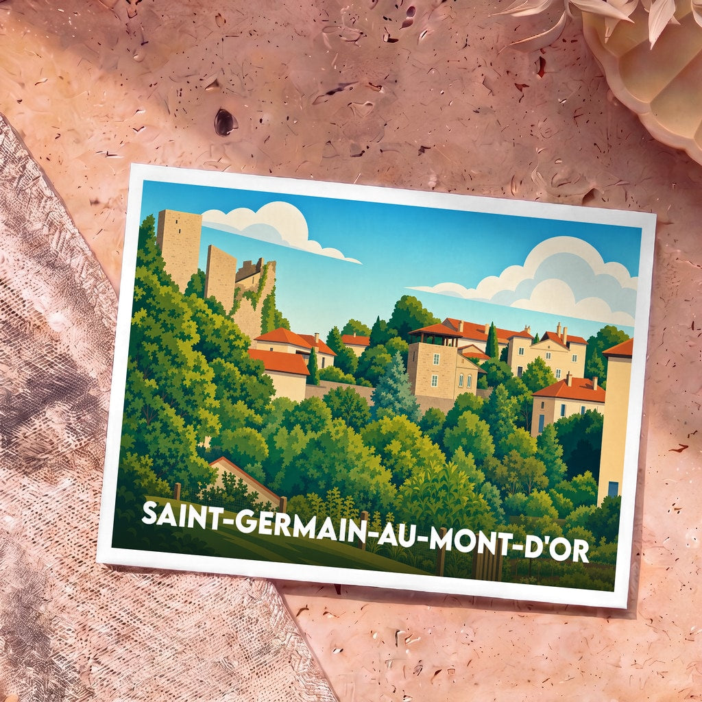 Carte postale souvenir de Saint-Germain-au-Mont-d'Or avec une illustration stylisée et colorée du village.
