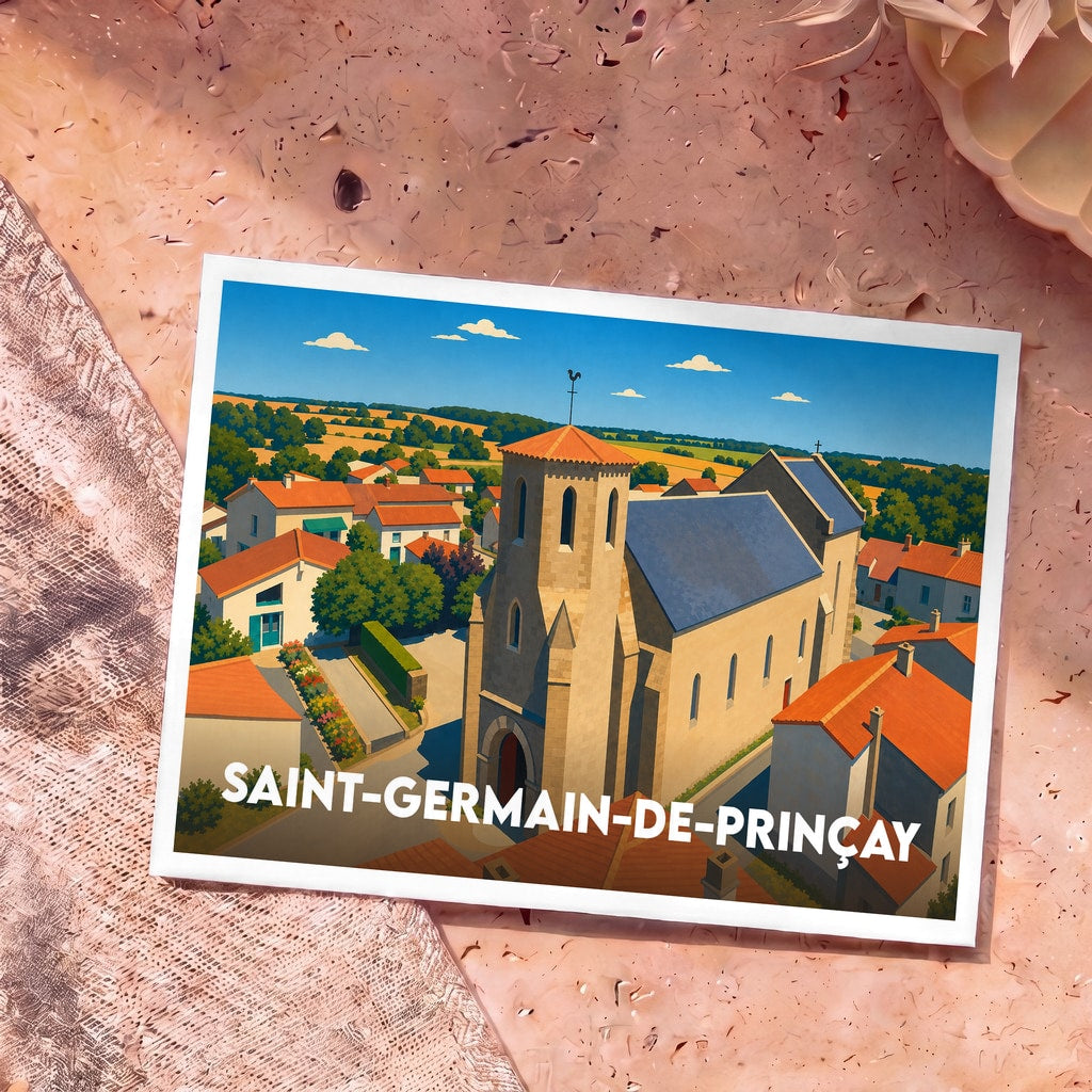Carte postale souvenir de Saint-Germain-de-Prinçay arborant une illustration stylisée de son église et de ses maisons à toits rouges.