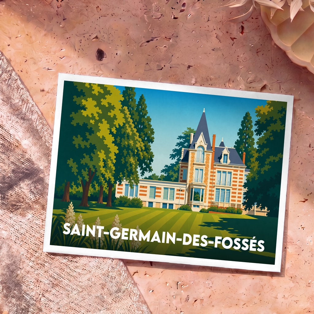 Carte postale souvenir de la ville de Saint-Germain-des-Fossés avec une illustration stylisée d'un manoir et de son parc.