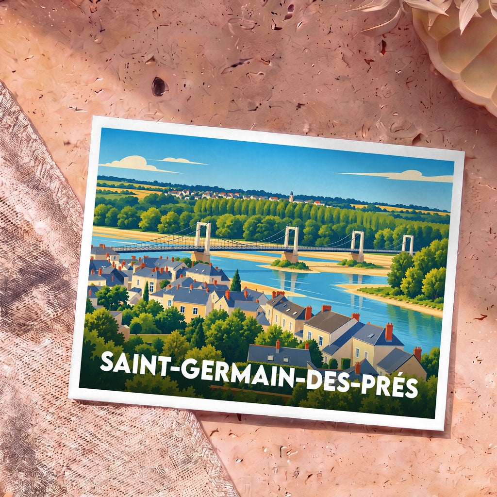 Carte postale souvenir de Saint-Germain-des-Prés illustrant son pont suspendu et les bords de Loire dans un style graphique coloré.